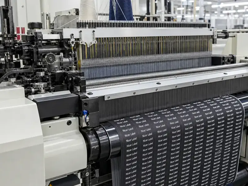 Jacquard Weaving Production for Woven Labels Jacquard loom producing custom woven labels