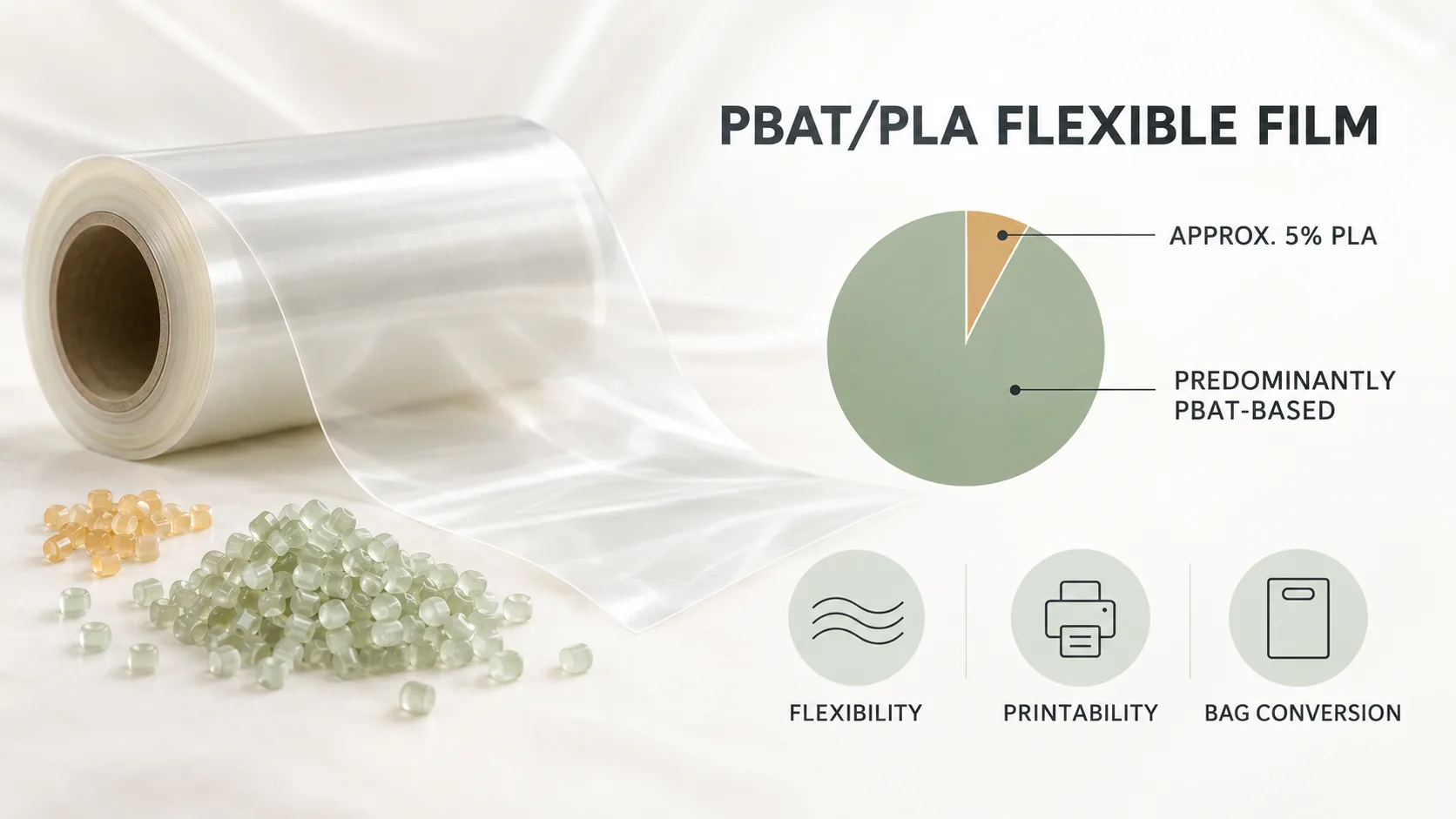 PBAT-based compostable bag material with approximately 5 percent PLA